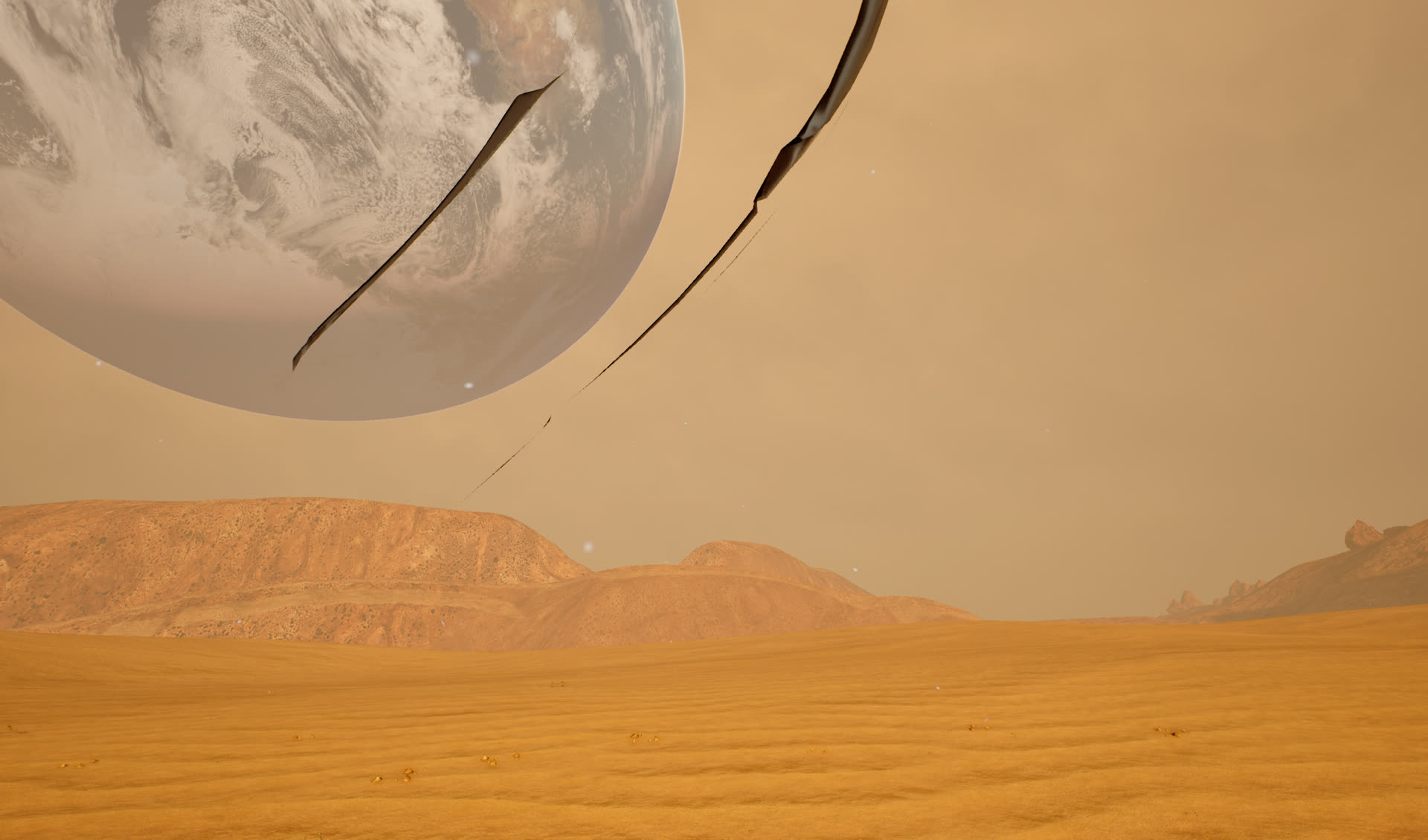 A wide Martian vista under a pale planet, with debris arcing across the sky.