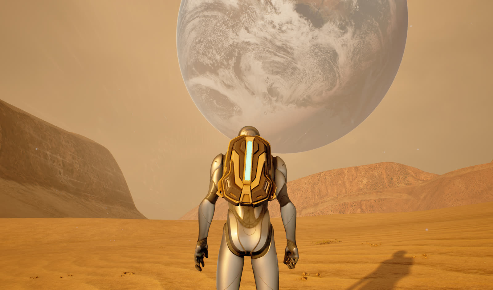The last pilot stands alone on the Martian surface beneath a pale planet.