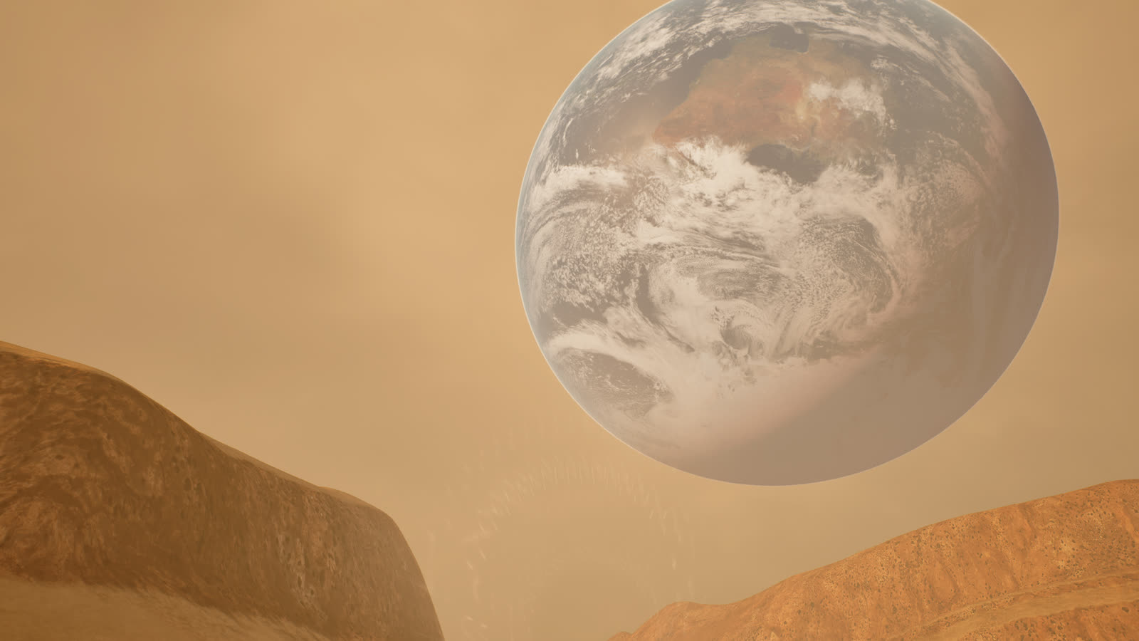 A Martian ridge line falling away toward the horizon under a pale planet.